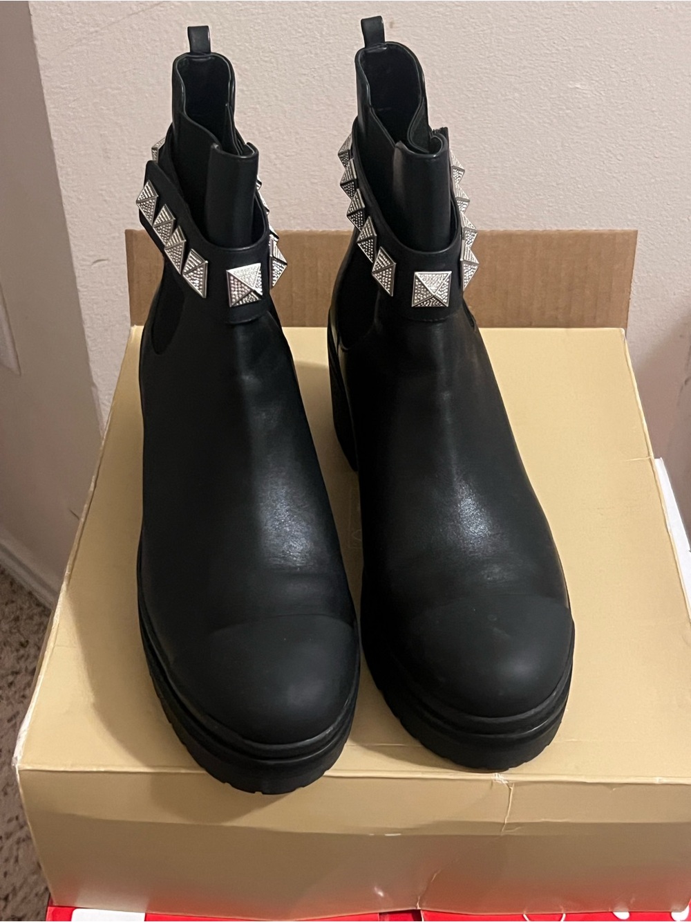 Michael Kors Black Leather Stud-Trim Chelsea Platform Boots